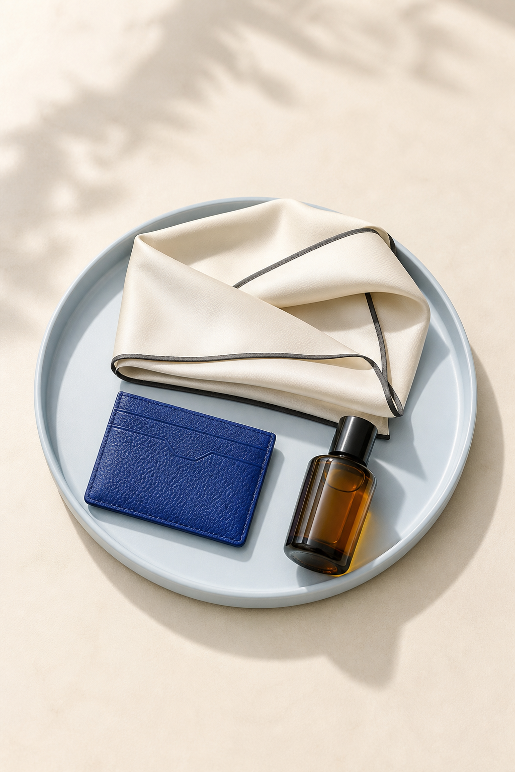 Curated store accessories on a blue tray